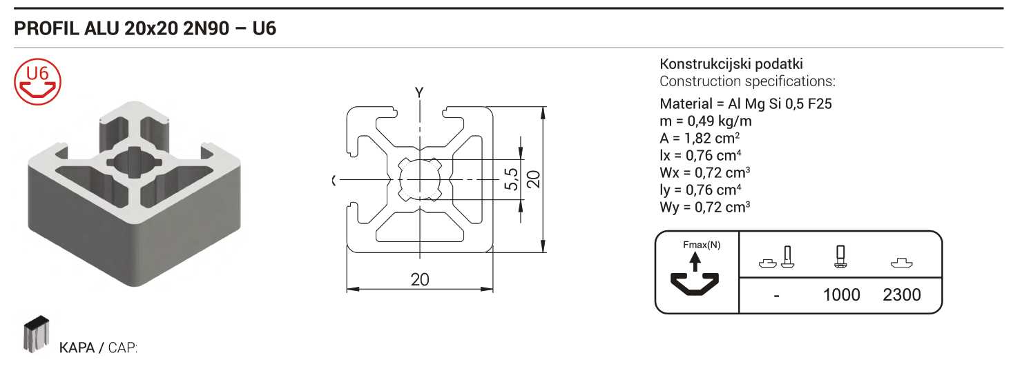 Aluminijasti profil T-slot 20x20 mm 2N90 6